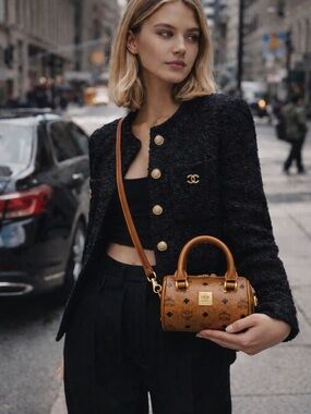 MCM Visetos Mini Boston Bag Cognac Logo Top Handle Crossbody NIB